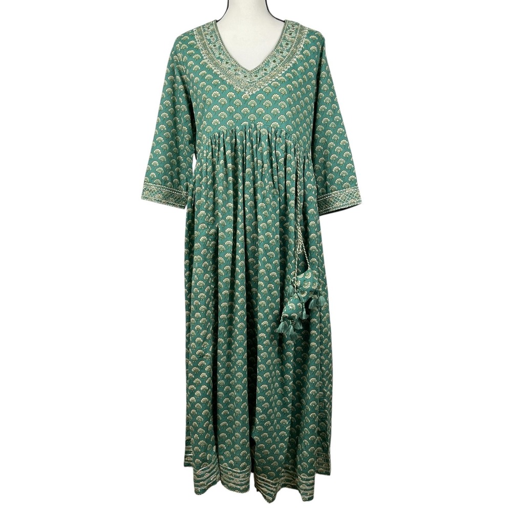 Indian Women's Kurti Tunic Dress Size 44 Green Floral Sequin Tassel Maxi Kurta